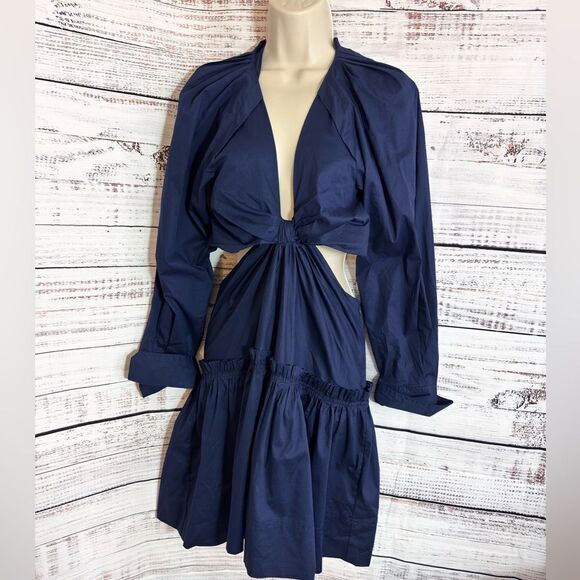 Jason Wu Dress Womens Sz S Poplin Navy Deep V Cutout Long Sleeves Mini Cotton - Picture 1 of 11